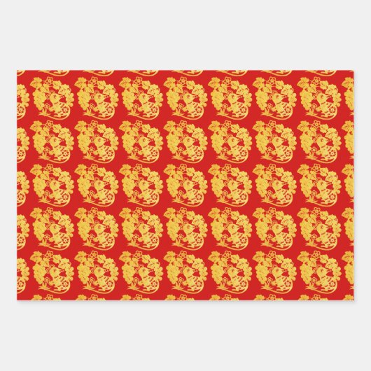 3 WP Chinese papiersnit Rat met druivenKies Kleur Inpakpapier Vel (Voorkant)