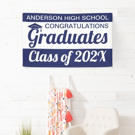 3 x 5' blauw en wit gefeliciteerd afgestudeerden spandoek (Insitu)