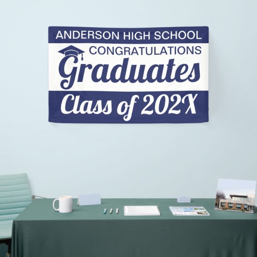 3 x 5' blauw en wit gefeliciteerd afgestudeerden spandoek (Beurs)