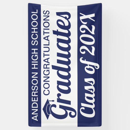 3 x 5' blauw en wit gefeliciteerd afgestudeerden spandoek (Verticaal)