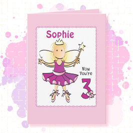 3 Year Old Cute Ballerina Cartoon Pink Birthday   Kaart