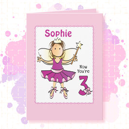 3 Year Old Cute Ballerina Cartoon Pink Birthday   Kaart