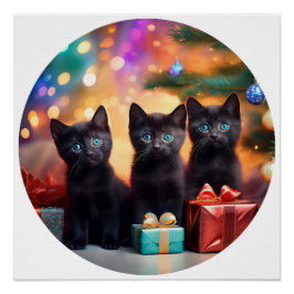 3 Young Blue Eyed Black Kittens Kerstscène Perfect Poster