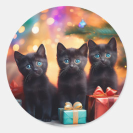 3 Young Blue Eyed Black Kittens Kerstscène Ronde Sticker