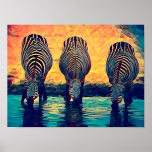 3 Zebras Oorspronkelijk Abstract oerwoud safari  Poster