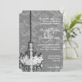 3 Zilveren en grijze luchters Damask Wedding Invit Kaart (Staand voorkant)