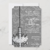 3 Zilveren en grijze luchters Damask Wedding Invit Kaart (Voorkant)