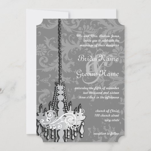 3 Zilveren en grijze luchters Damask Wedding Invit Kaart (Voorkant)