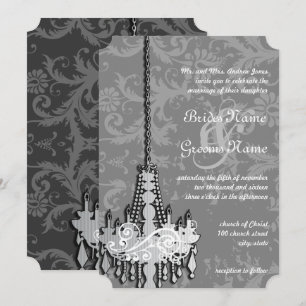 3 Zilveren en grijze luchters Damask Wedding Invit Kaart