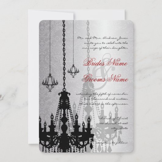 3 Zilveren en zwarte luchters Damask Wedding Invit Kaart (Voorkant)