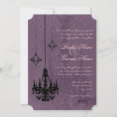 3 Zwarte kroonluchters Aubergine Damask Wedding Kaart (Voorkant)
