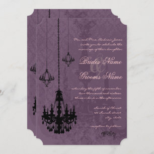 3 Zwarte kroonluchters Aubergine Damask Wedding Kaart