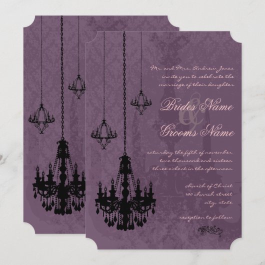 3 Zwarte kroonluchters Aubergine Damask Wedding Kaart (Voorkant / Achterkant)