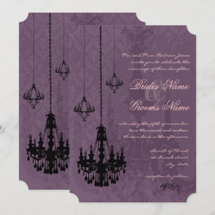 3 Zwarte kroonluchters Aubergine Damask Wedding Kaart