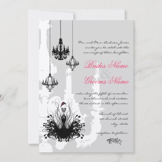 3 Zwarte luchters - Roze Accent Wedding Uitnodigin Kaart (Voorkant)