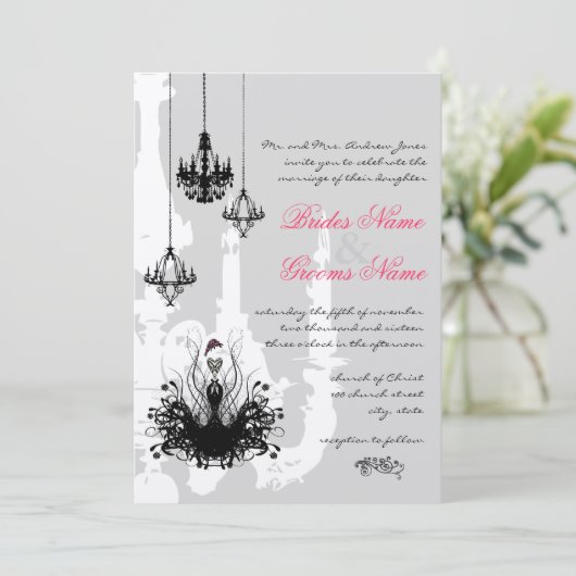 3 Zwarte luchters - Roze Accent Wedding Uitnodigin Kaart (Staand voorkant)