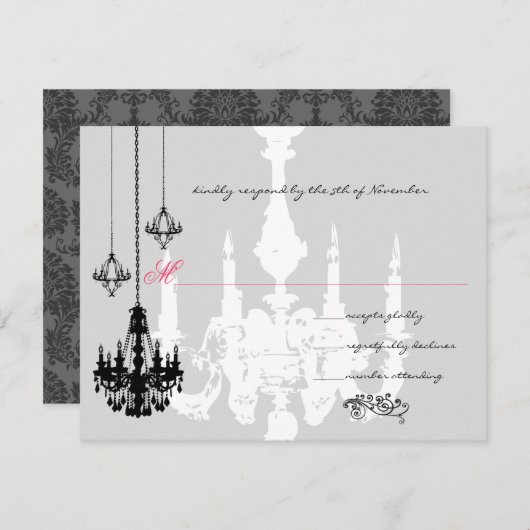 3 Zwarte luchters - Roze bruiloft RSVP Kaartje (Voorkant / Achterkant)