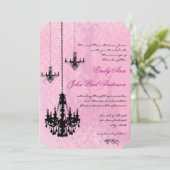 3 Zwarte luchters Roze Damask Wedding Invitation Kaart (Staand voorkant)
