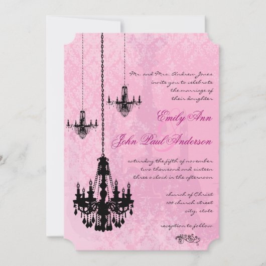 3 Zwarte luchters Roze Damask Wedding Invitation Kaart (Voorkant)