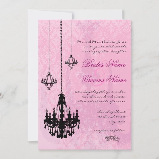 3 Zwarte luchters Roze Damask Wedding Invitation Kaart (Voorkant)