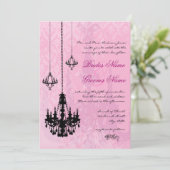 3 Zwarte luchters Roze Damask Wedding Invitation Kaart (Staand voorkant)