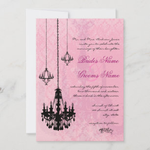 3 Zwarte luchters Roze Damask Wedding Invitation Kaart