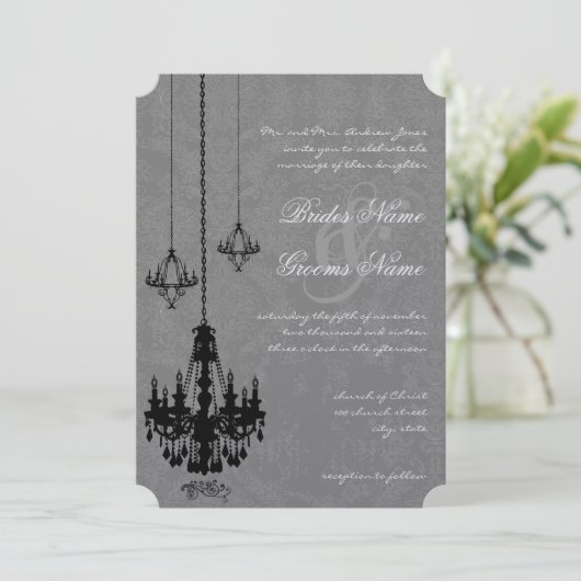 3 Zwarte luchters Shadow Silver Metallic Damask Kaart (Staand voorkant)