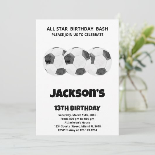 3 zwarte witte Voetbal Birthday-uitnodigingen Kaart (Staand voorkant)