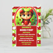 3D aardbeienbessen eerste verjaardagsfeestje Kaart (Staand voorkant)