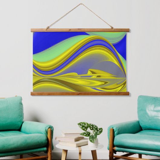 3D Abstract in Gold Yellow Blue Hangend Wandkleed (Woonkamer)