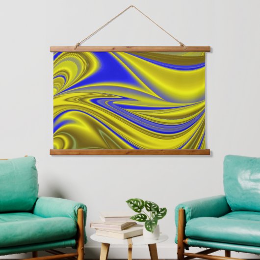 3D Abstract in Gold Yellow Blue Hangend Wandkleed (Woonkamer)