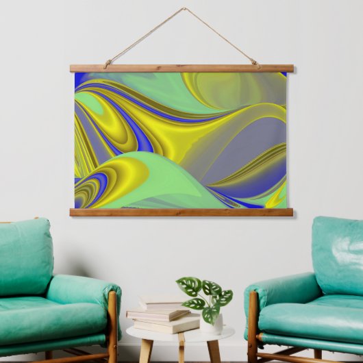 3D Abstract in Gold Yellow Blue Hangend Wandkleed (Woonkamer)