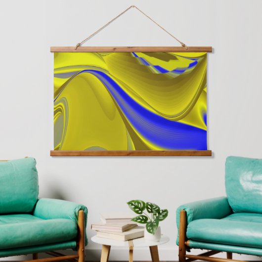 3D Abstract in Gold Yellow Blue Hangend Wandkleed (Woonkamer)