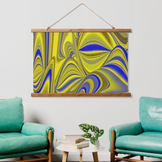 3D Abstract in Gold Yellow Blue Hangend Wandkleed (Woonkamer)