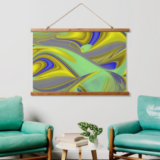 3D Abstract in Gold Yellow Blue Hangend Wandkleed (Woonkamer)