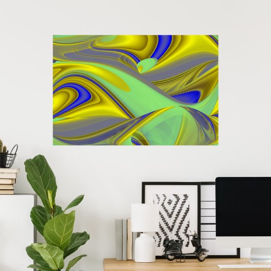 3D Abstract in Gold Yellow Blue Poster (Thuiskantoor)