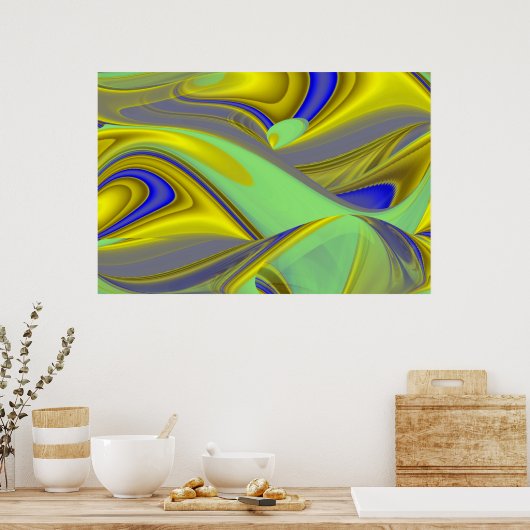 3D Abstract in Gold Yellow Blue Poster (Keuken)