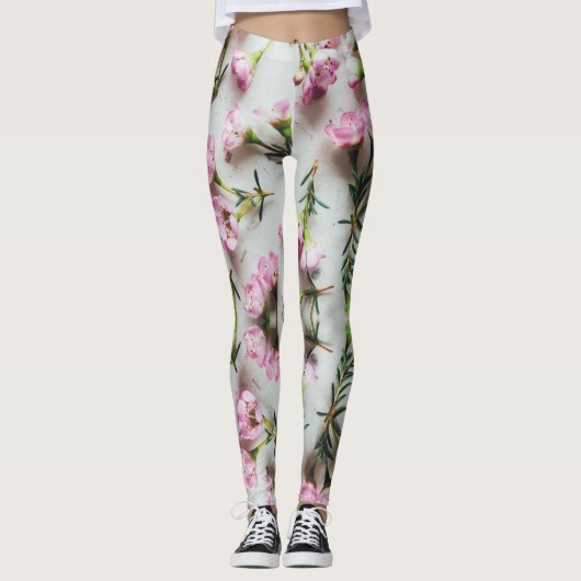 3D Adenium roze patroon op witte achtergrond Leggings (Voorkant)