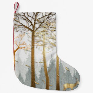 3d afbeelding, grijs en goudcontouren van bomen, kleine kerstsok
