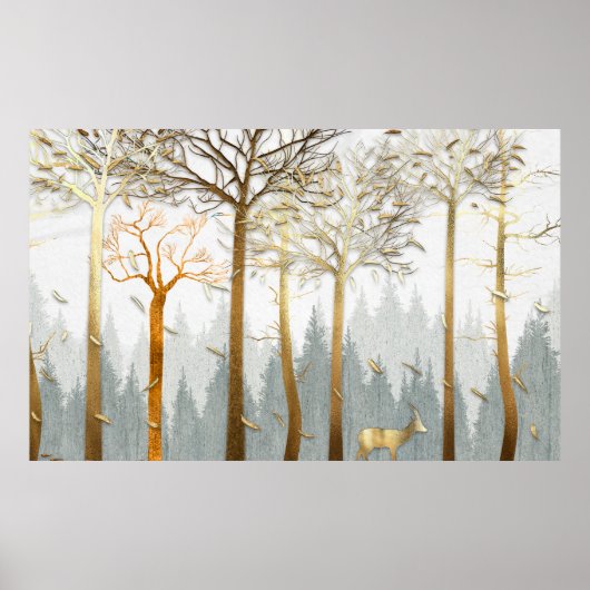 3d afbeelding, grijs en goudcontouren van bomen, poster (Voorkant)