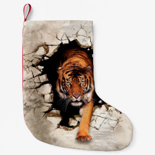 3d afbeelding tijger komt uit de verwoeste wallti kleine kerstsok