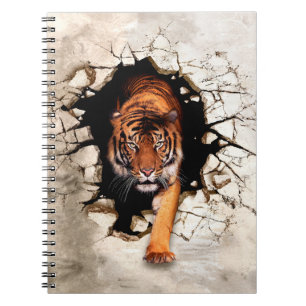3d afbeelding tijger komt uit de verwoeste wallti notitieboek