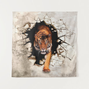 3d afbeelding tijger komt uit de verwoeste wallti wandkleed