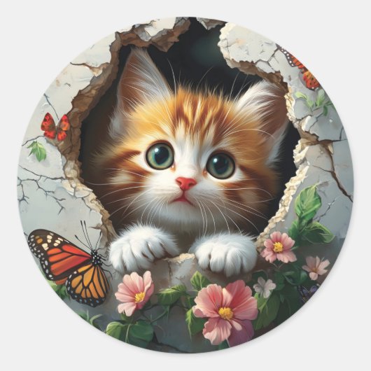 3D-afbeelding van een schattig klein kitten dat na Ronde Sticker (Voorkant)