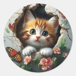 3D-afbeelding van een schattig klein kitten dat na Ronde Sticker