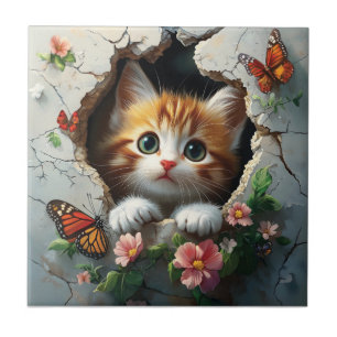 3D-afbeelding van een schattig klein kitten dat na Tegeltje