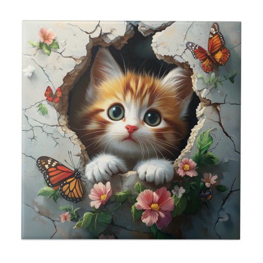 3D-afbeelding van een schattig klein kitten dat na Tegeltje (Voorkant)