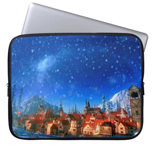 3d afbeelding van het kleine alpine dorp bij zonso laptop sleeve (Voorkant)