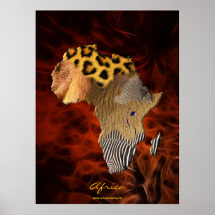 3D AFRICAN Wildlife Map Red Fractal Art Poster
