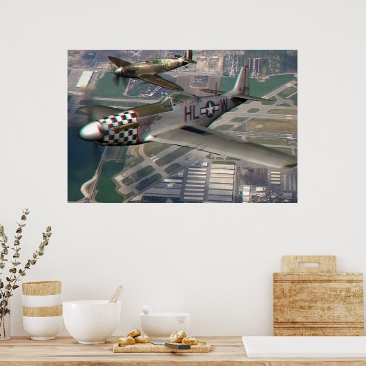 3D Anaglyph of P51 n Spitfire over Airfield Poster (Keuken)